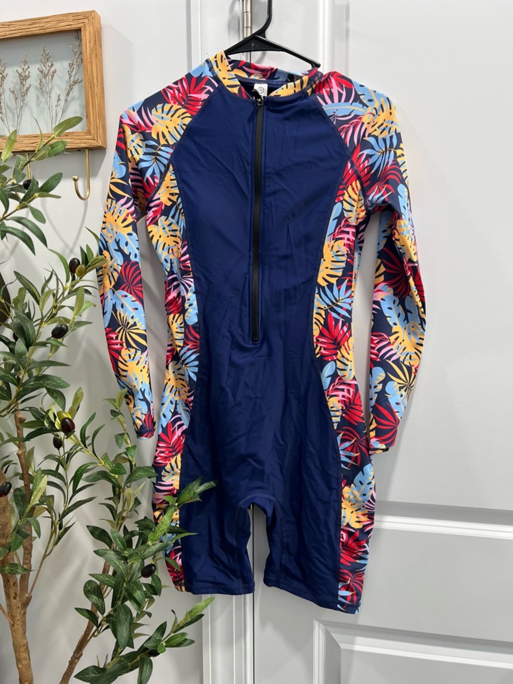 Women's Long Sleeve Navy and Tropical Print One-Piece Swim Suit - Picture 4 of 5